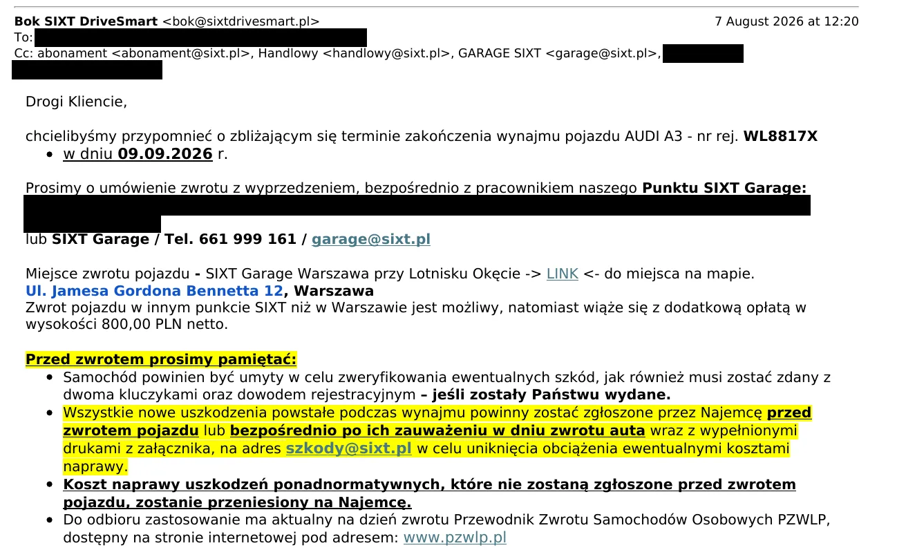 E-mail SIXT DriveSmart z 07.08.2026 z zasadami zwrotu auta i zdaniem o przeniesieniu kosztu naprawy niezgłoszonych uszkodzeń na najemcę
