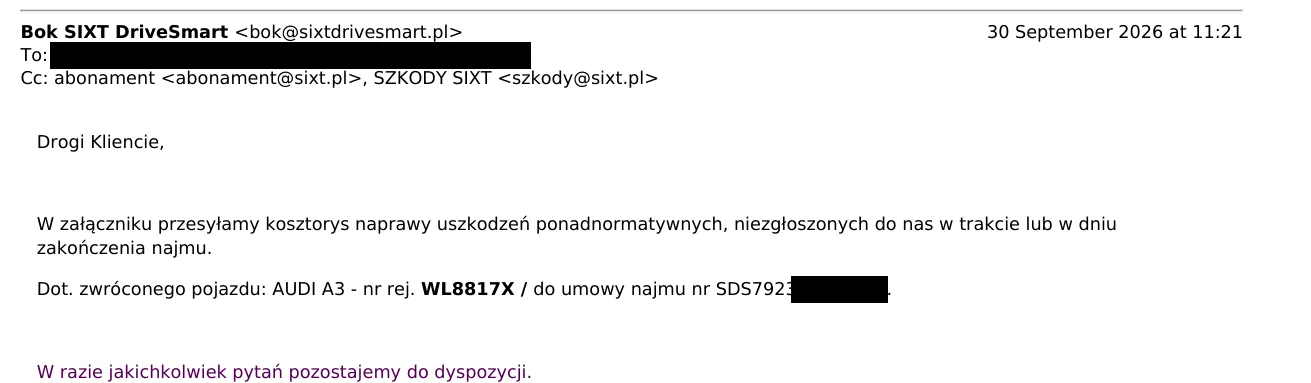 E-mail SIXT DriveSmart z 30.09.2026 z kosztorysem uszkodzeń ponadnormatywnych