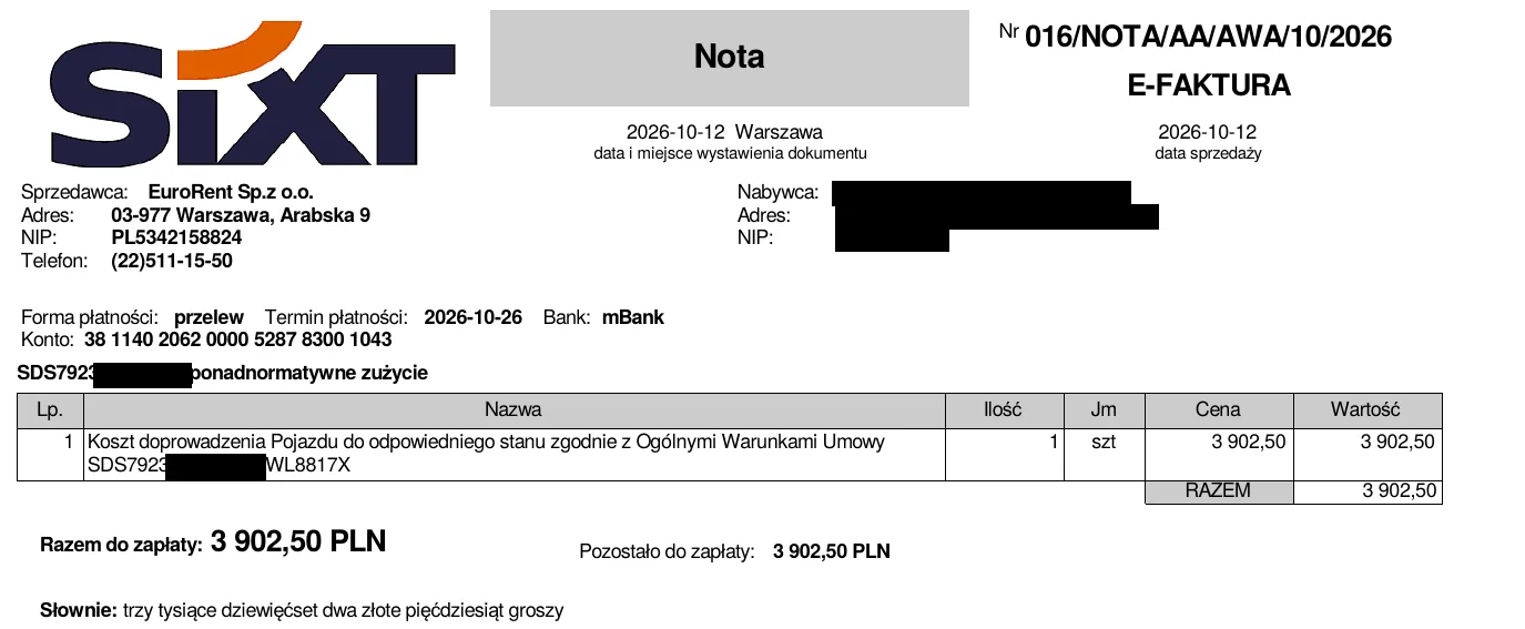 Nota SIXT nr 016/NOTA/AA/AWA/10/2026 z 12.10.2026 na 3 902,50 zł, ponadnormatywne zużycie, termin 26.10.2026