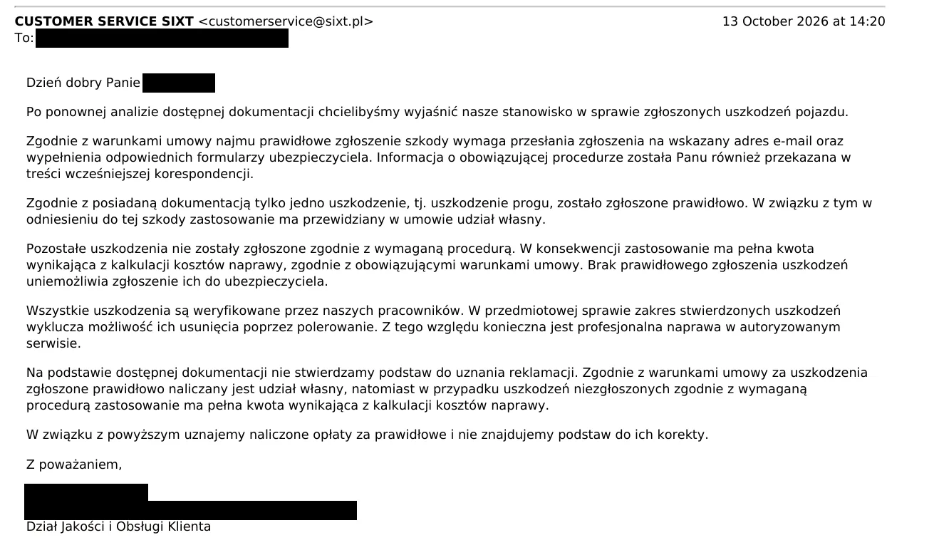 E-mail SIXT z 13.10.2026: odmowa uznania reklamacji
