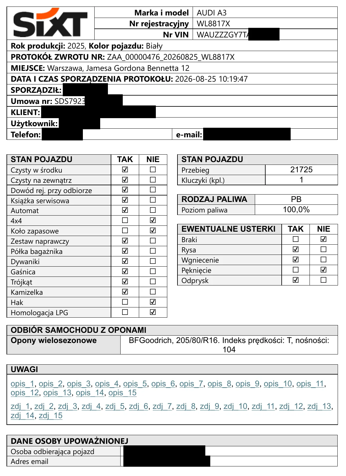 Protokół zwrotu SIXT z 25.08.2026: czysty w środku i na zewnątrz, paliwo 100 procent, zaznaczone rysa, wgniecenie i odprysk